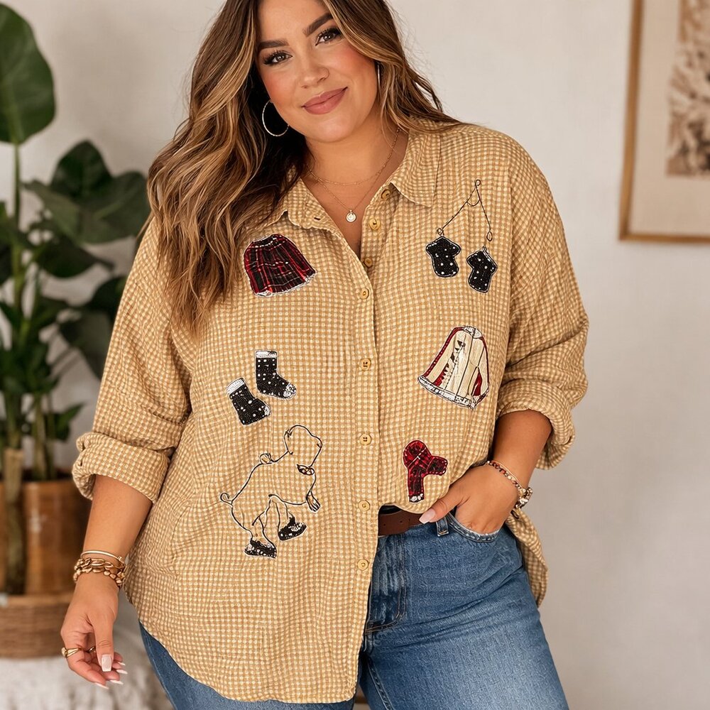 Bobbie Brooks Gingham Applique Ice Skates Shirt Women's 3X Cottagecore Holiday